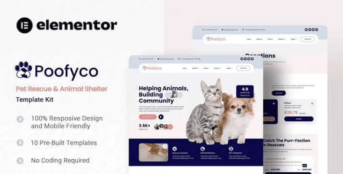 Poofyco – Pet Rescue and Animal Shelter Elementor Template Kit