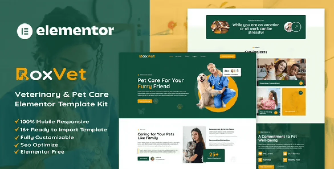 RoxVet – Veterinary and Pet Care Services Elementor Template Kit